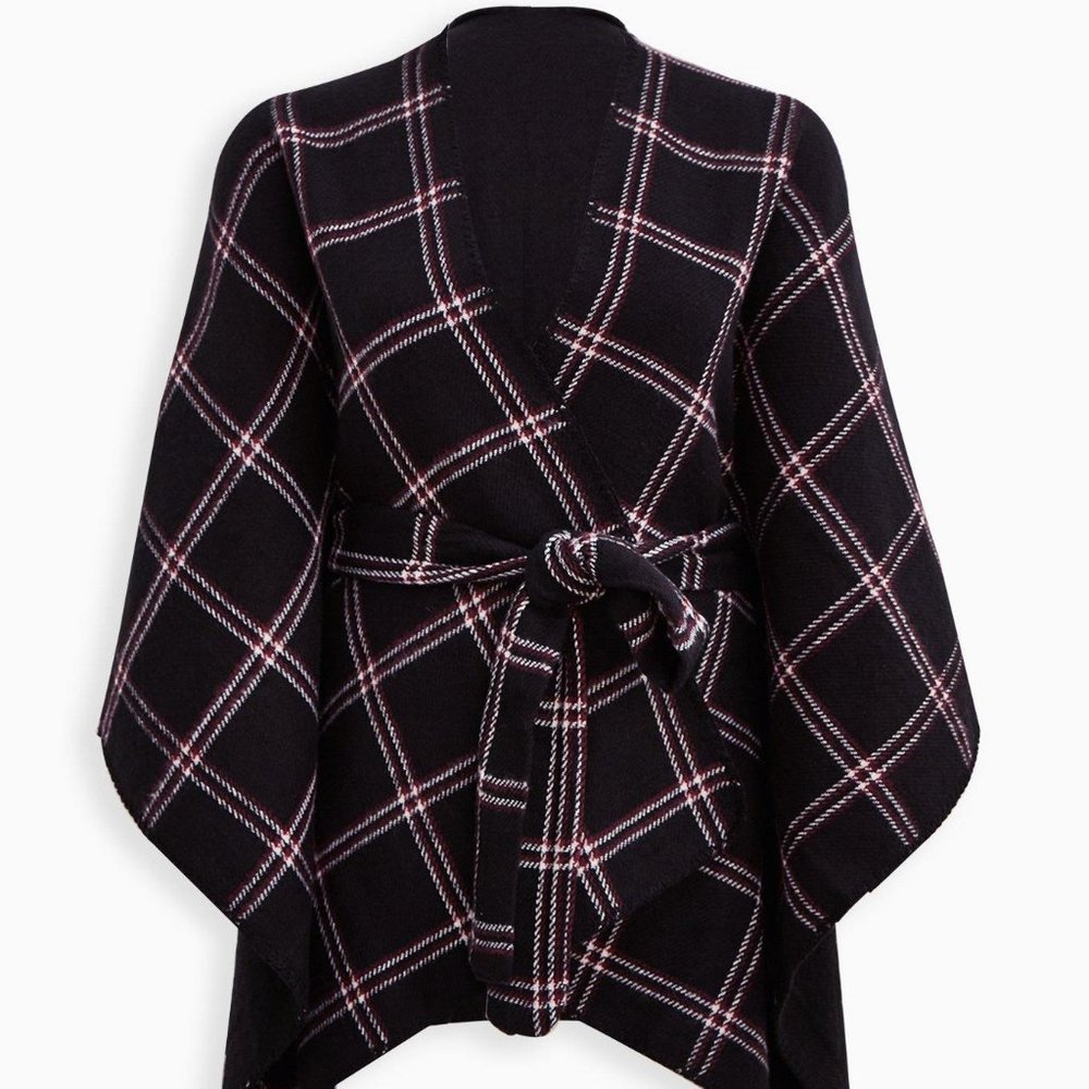 One Size Torrid Acrylic Open Front Belted Ruana Shaw Plaid Black & Red
